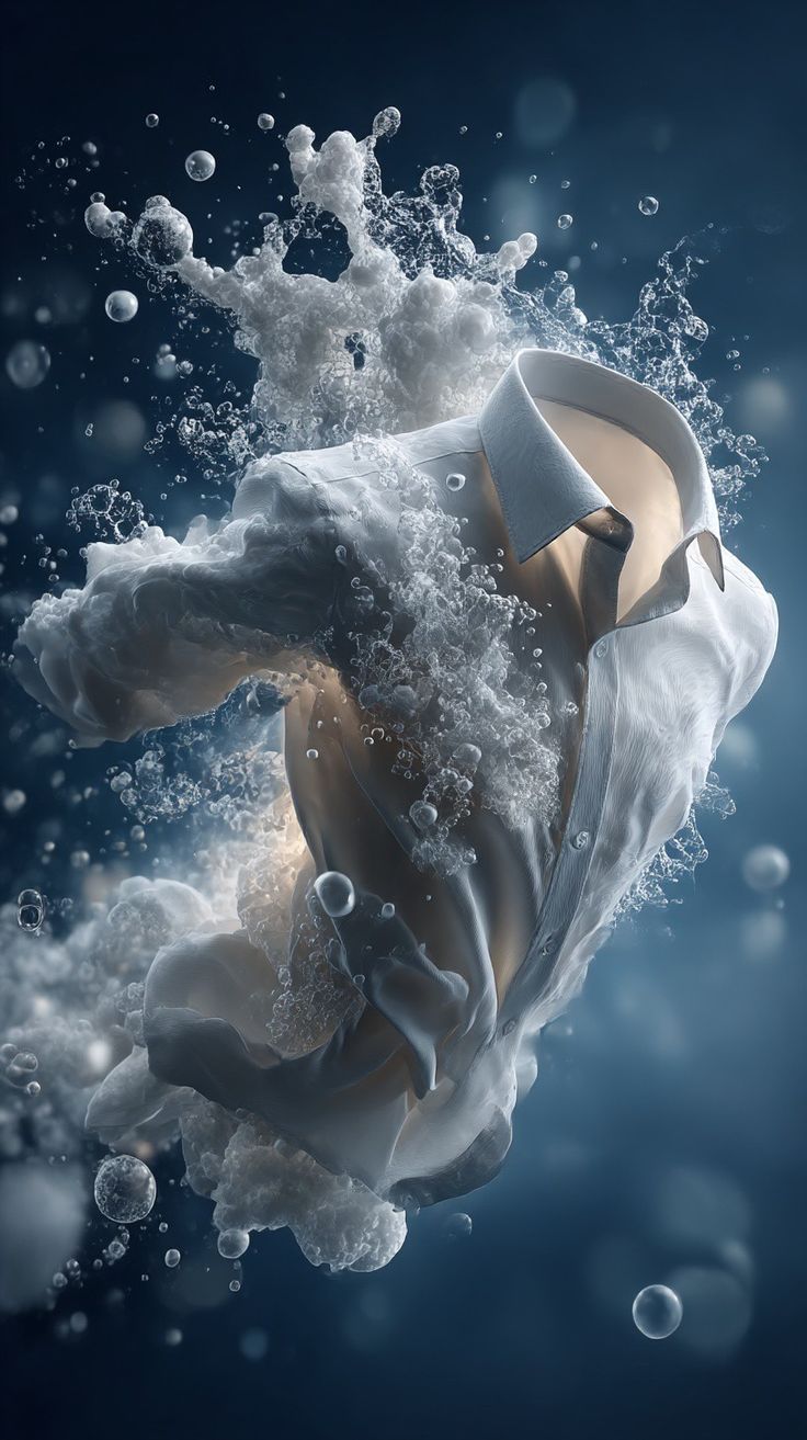 Chemise blanche flottant dans une explosion d'eau et de bulles · symbole du soin Colblanc