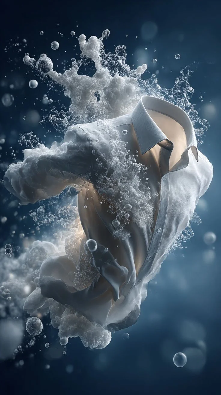 Chemise blanche flottant dans une explosion d'eau et de bulles · symbole du soin Colblanc