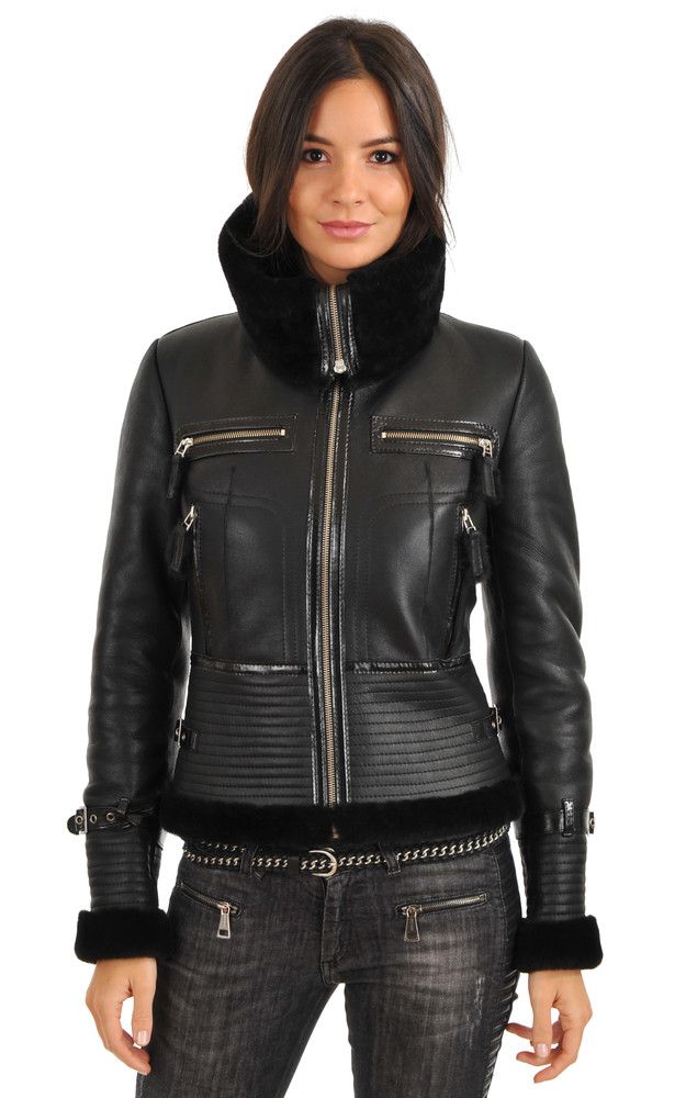 Veste en cuir d'agneau noir avec col en fourrure · nettoyage cuir et peaux Colblanc