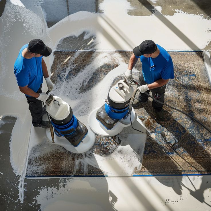 Deux techniciens Colblanc nettoyant un tapis oriental avec des machines professionnelles